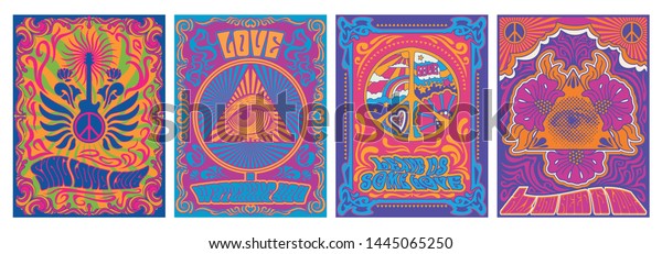 Vintage Musical Posters, Covers Stylization,\
1960s, 1970s Psychedelic Backgrounds, Peace Symbol, Eye Triangle,\
Guitar, Floral\
Decorations