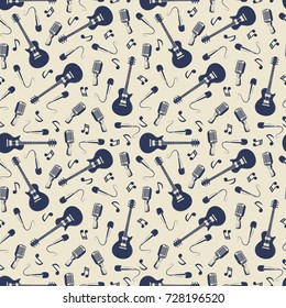 Vintage musical seamless pattern with guitars, microphones and music notes. Vector illustration