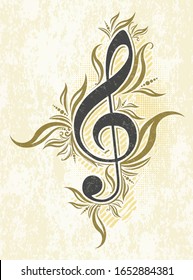 Vintage musical vector background with treble clef. 