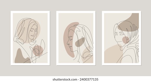 Mujeres musulmanas ventilares con hijab, arte en las paredes, juego de tarjetas o afiches con retratos abstractos de mujeres árabes, Ilustración de arte en línea. Color rosa rubor. Ilustración del vector