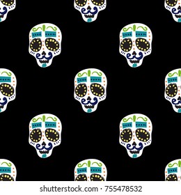 Vintage mustache skull seamless pattern. Bright traditional illustration on black background for fabric design in watercolor style.