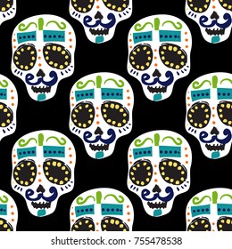 Vintage mustache skull seamless pattern. Bright traditional illustration on black background for fabric design in watercolor style.