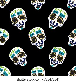 Vintage mustache skull seamless pattern. Bright traditional illustration on black background for fabric design in watercolor style.