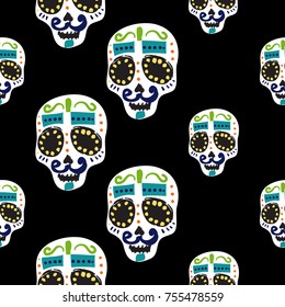 Vintage mustache skull seamless pattern. Bright traditional illustration on black background for fabric design in watercolor style.
