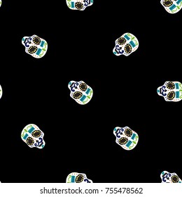Vintage mustache skull seamless pattern. Bright traditional illustration on black background for fabric design in watercolor style.