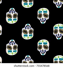 Vintage mustache skull seamless pattern. Bright traditional illustration on black background for fabric design in watercolor style.