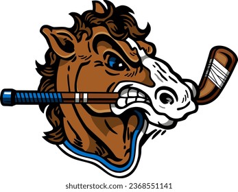 vintage mustang mascot biting hockey stick for school, college or league sports