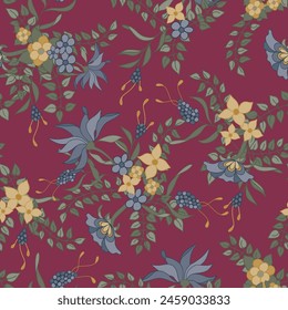 Vintage Mustard Yellow and Blue Floral of India-Inspired on Burgundy Red seamless pattern print background