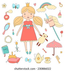 Vintage My little princess set. Cute vector clip art elements for you design.   