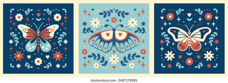 Antiguas misterio de cuento de hadas vibe. Estampados de Vector folclórico retro con polilla y flores dispuestas perfectas. Estética Boho Moonlight. Conjunto de impresiones cuadradas