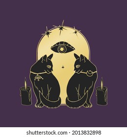 Vintage Mystic Cats and candles inside arch decorated with stars and all seeing eye drawing print
