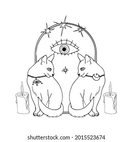 Vintage Mystic Cats and candles inside arch decorated with stars and all seeing eye drawing print