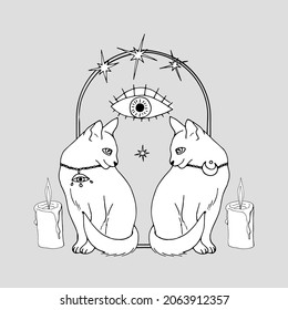 Vintage Mystic Cats and candles inside arch decorated with stars and all seeing eye drawing print