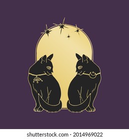 Vintage Mystic Cats inside arch decorated with stars illustration