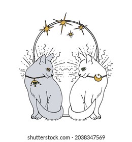 Vintage Mystic Cats and stars inside arch drawing print