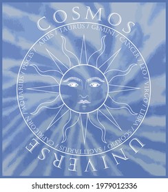 Vintage mystic cosmos universe slogan print with horoscope circle - sun illustration and tie dye background for tee - t shirt