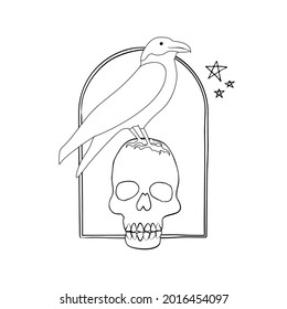 Vintage Mystic Crow sitting on human skull inside arch. Witch black raven Illustration