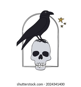 Vintage Mystic Crow sitting on human skull inside arch. Witch black raven Illustration