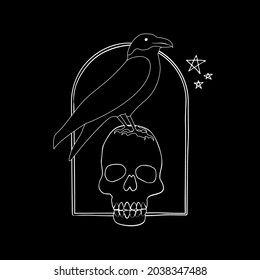 Vintage Mystic Crow sitting on human skull inside arch. Witch black raven Illustration