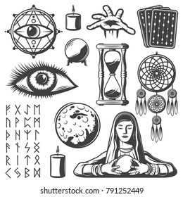 Vintage Mystic Elements Set With Third Eye Fortune Teller Candle Tarot Cards Sandglass Crystal Ball Moon Runic Alphabet Magical Symbols Isolated Vector Illustration 