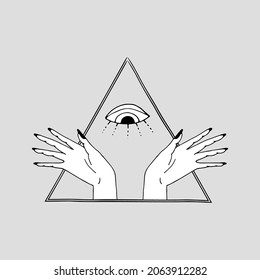 Vintage Mystic Eye and female hands inside triangle. Eye symbol and pyramid drawing print