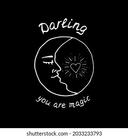 Vintage Mystic Golden Crescent Illustration with Lettering Darling You are Magic