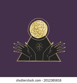 Vintage Mystic Golden Full Moon and female hands inside triangle Illustration