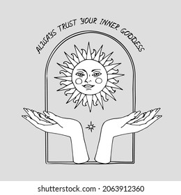 Vintage Mystic Golden Sun and female hands Illustration with Lettering Always trust your inner goddess