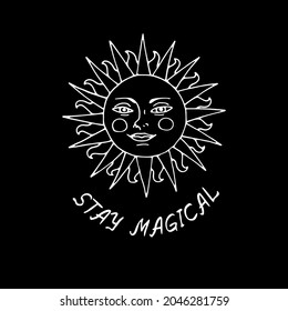 Vintage Mystic Golden Sun Illustration with Lettering Stay Magical