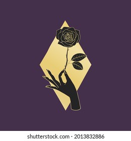 Vintage Mystic Hand holding rose flower drawing on diamond shape background.