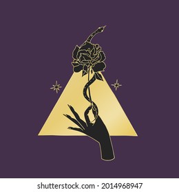 Vintage Mystic hand holding rose with a snake coiled around the flower with triangle on background Illustration