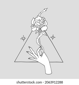 Vintage Mystic hand holding rose with a snake coiled around the flower with triangle on background Illustration