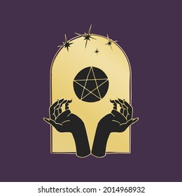Vintage Mystic hands and 5 rays star inside arch Illustration