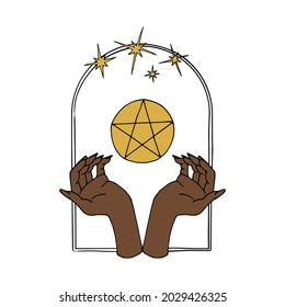 Vintage Mystic hands and 5 rays star inside arch Illustration