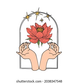 Vintage Mystic hands and lotus flower bloom inside arch with stars Illustration