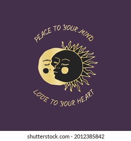 Vintage Mystic Kissing Sun and Moon Illustration with Lettering Peace to your mind love to your heart