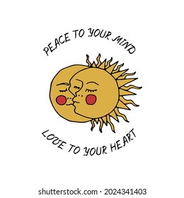 Vintage Mystic Kissing Sun and Moon Illustration with Lettering Peace to your mind love to your heart