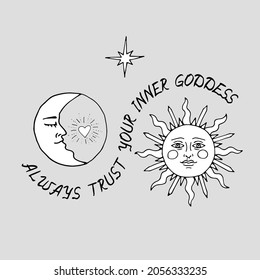 Vintage Mystic Kissing Sun and Moon Illustration with Lettering Peace to your mind love to your heart