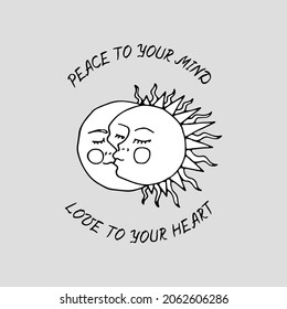 Vintage Mystic Kissing Sun and Moon Illustration with Lettering Peace to your mind love to your heart