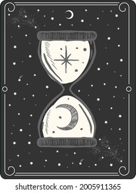 Vintage mystic moon tarot card with sand watch illustration print with stars. For girl - woman tee t shirt or poster