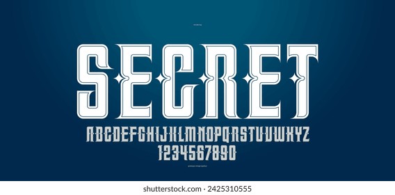 Vintage mystic and secret font for emblems and logos, old ancient display typeface for headers and slogans, poster typography design alphabet letters and numbers.