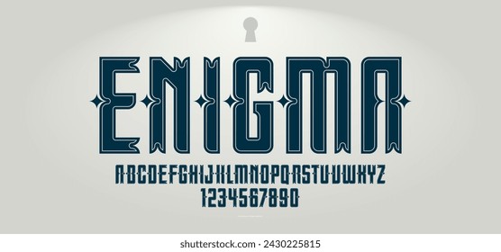 Vintage mystic and secret font for emblems and logos, old ancient display typeface for headers and slogans, poster typography design alphabet letters and numbers.