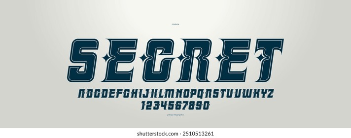 Vintage mystic and secret font for emblems and logos, old ancient display typeface for headers and slogans, poster typography design alphabet letters and numbers, italic version.