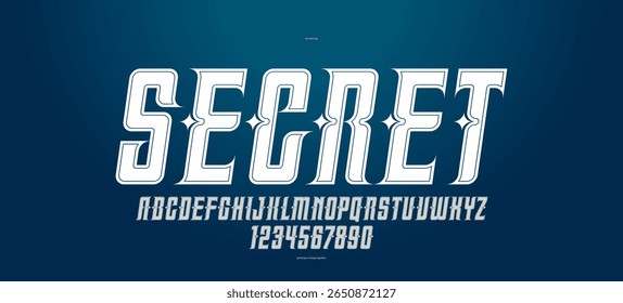 Vintage fonte mística e secreta para emblemas e logotipos, antigo tipo de exibição antiga para cabeçalhos e slogans, cartaz tipografia design alfabeto letras e números, versão em itálico.
