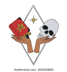 Vintage Mystic Skull and lotus flower in female hands Illustration.
