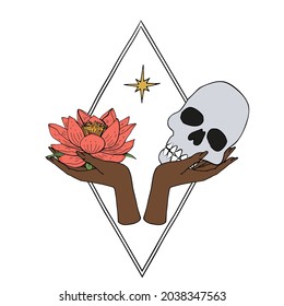 Vintage Mystic Skull and lotus flower in female hands Illustration.