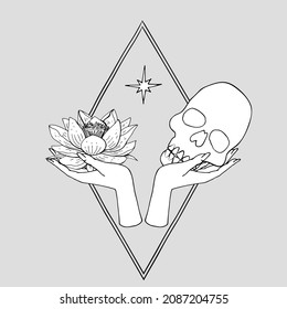 Vintage Mystic Skull and lotus flower in female hands Illustration.