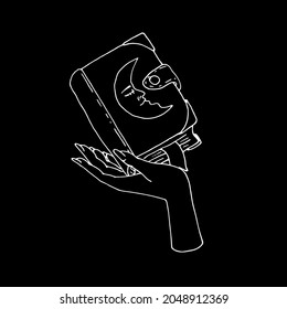 Vintage Mystic Spell Book with half moon with human face on cover in female hand Illustration