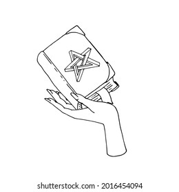 Vintage Mystic Spell Book With Impossible Star On Cover In Female Hand Illustration