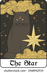 Vintage mystic the star tarot card with cat illustration print with stars - clouds for girl - woman tee t shirt or poster